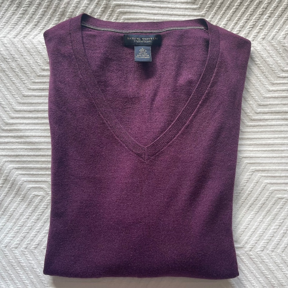 Banana Republic Men's L Luxury Blend Sweater Silk Cashmere Cotton V-Neck Plum